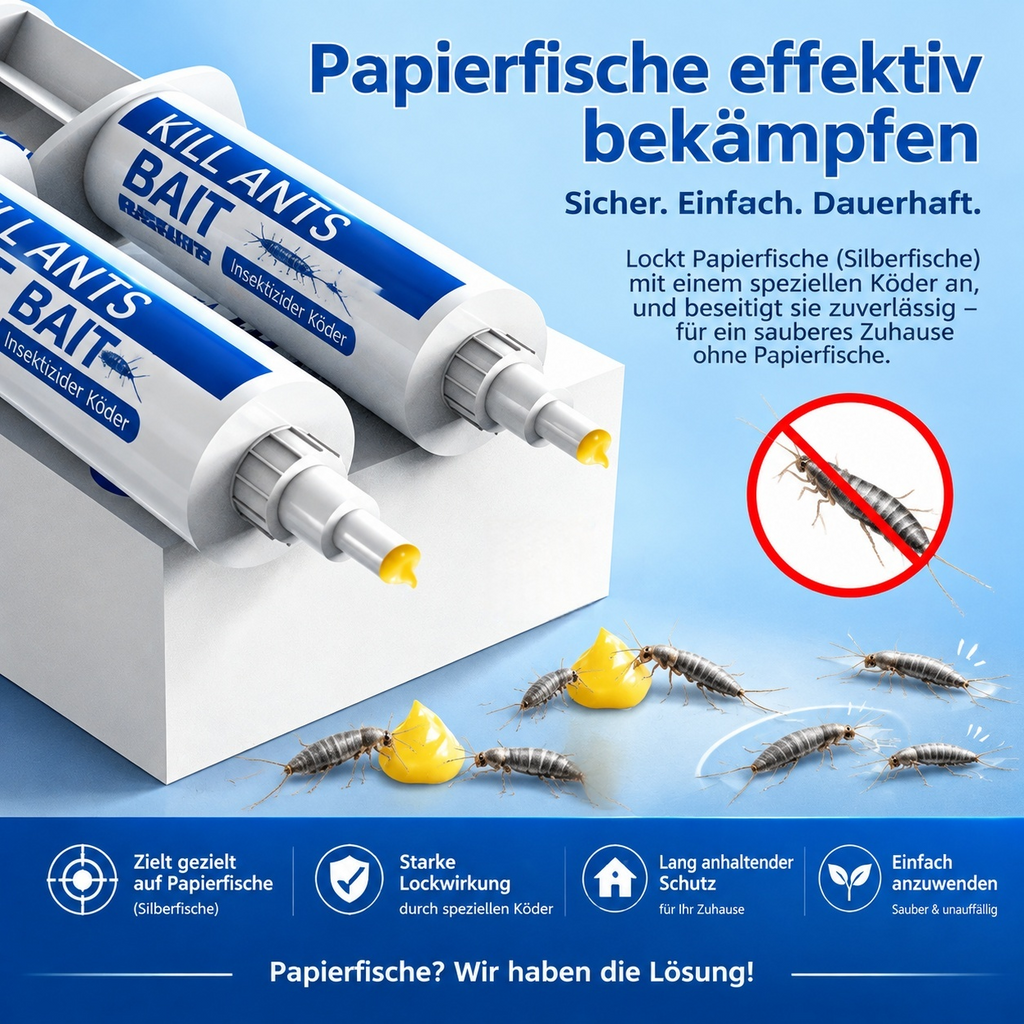 Ungeziefer Köder-Gel Spritze gegen Papierfische & Silberfische – Professionelles Gel mit 2,5 % Fipronil & Feuchtigkeits-Formel, Präzise Dosierung für engste Fugen, Effektiv gegen Nest & Plagen
