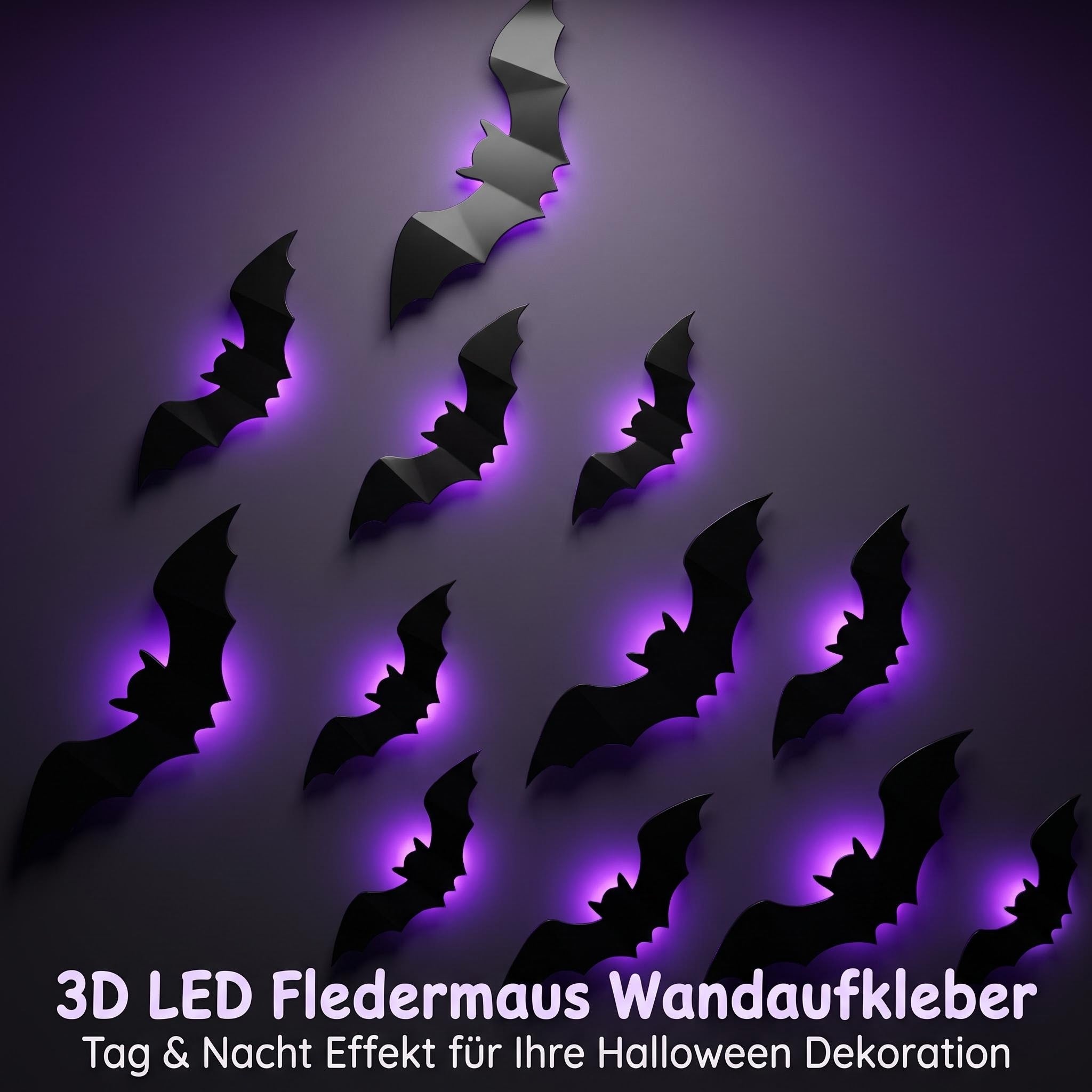 3D LED Fledermaus Wandaufkleber mit Violettem Licht – Halloween Deko für Wand & Party