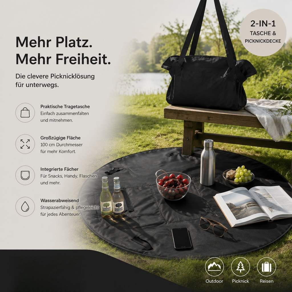2-in-1 Picknickdecke & Tragetasche – Wasserabweisende Faltbare Stranddecke mit Integrierten Fächern