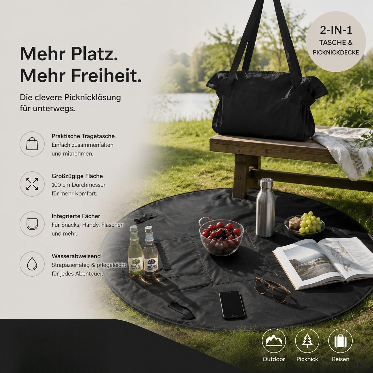 2-in-1 Picknickdecke & Tragetasche – Wasserabweisende Faltbare Stranddecke mit Integrierten Fächern