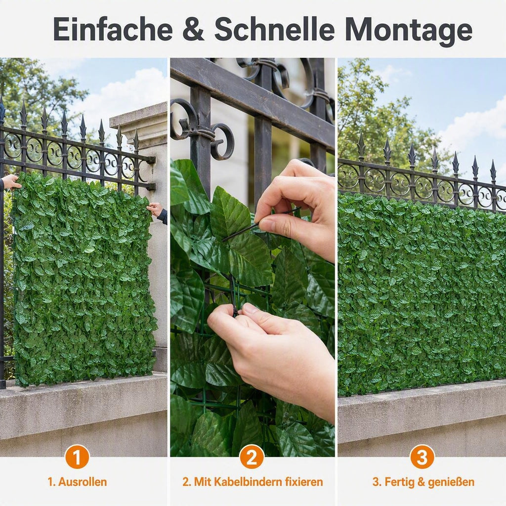 Premium Künstliche Efeu Sichtschutzhecke – 100% Blickdicht & UV-beständig – Wetterfester Laubzaun für Balkon, Terrasse, Garten & Zaun