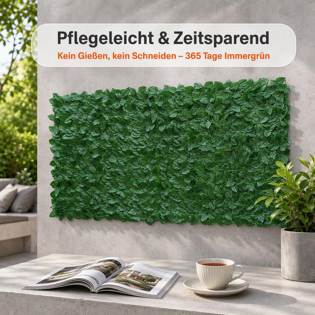 Premium Künstliche Efeu Sichtschutzhecke – 100% Blickdicht & UV-beständig – Wetterfester Laubzaun für Balkon, Terrasse, Garten & Zaun