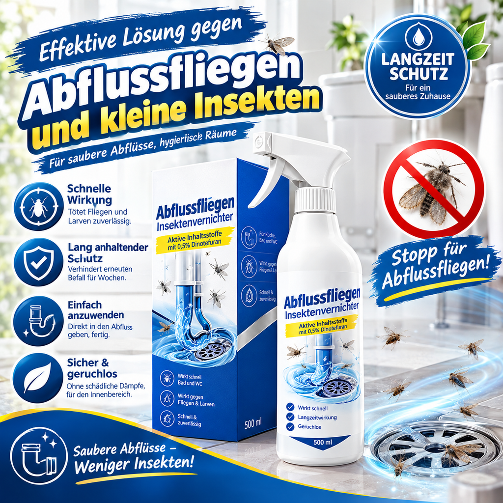 Abflussfliegen Insektenvernichter (500ml) – Effektives Spray gegen Schmetterlingsmücken & Larven im Abfluss, Mit Dinotefuran (0,5%), Langzeitschutz für Bad, WC & Küche