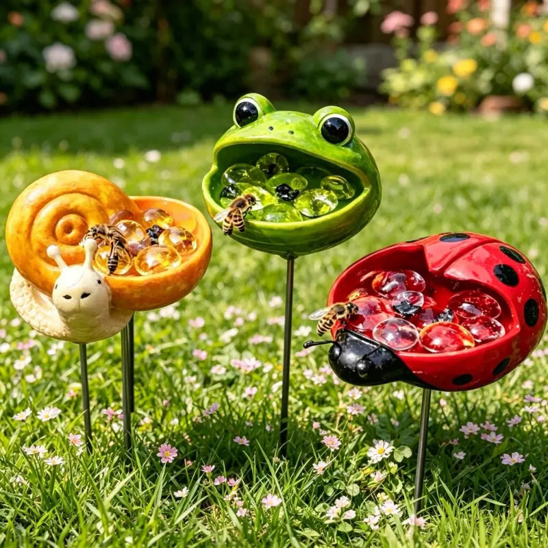 Handgefertigte Insektentränke Gartenstecker: Wetterfeste Bienentränke im 3er-Set für Beete & Rasen