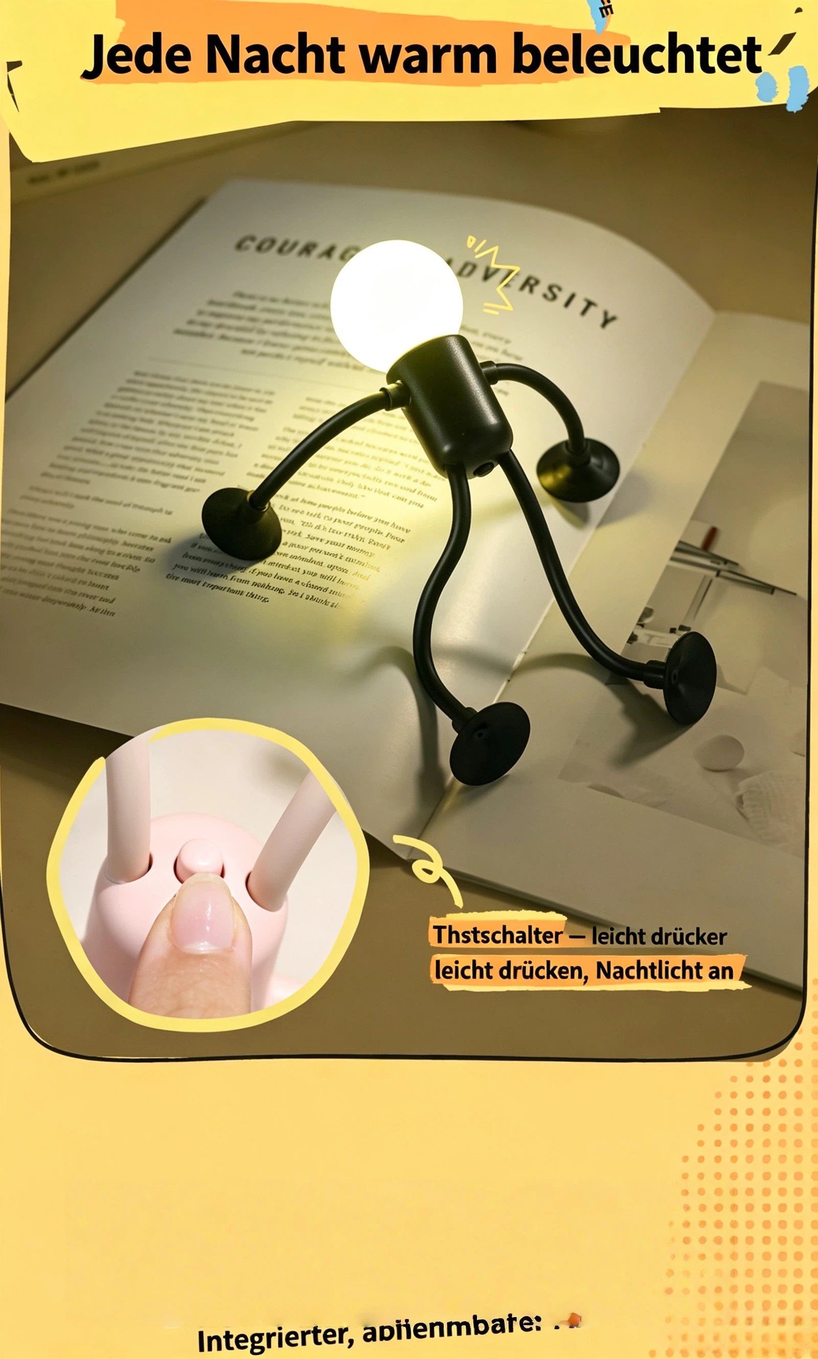 Kreative Mini LED Tischlampe mit Saugnäpfen – Biegbare Nachtlampe für Kinder, Lustiges DIY Nachtlicht für Schreibtisch, Kinderzimmer & Deko