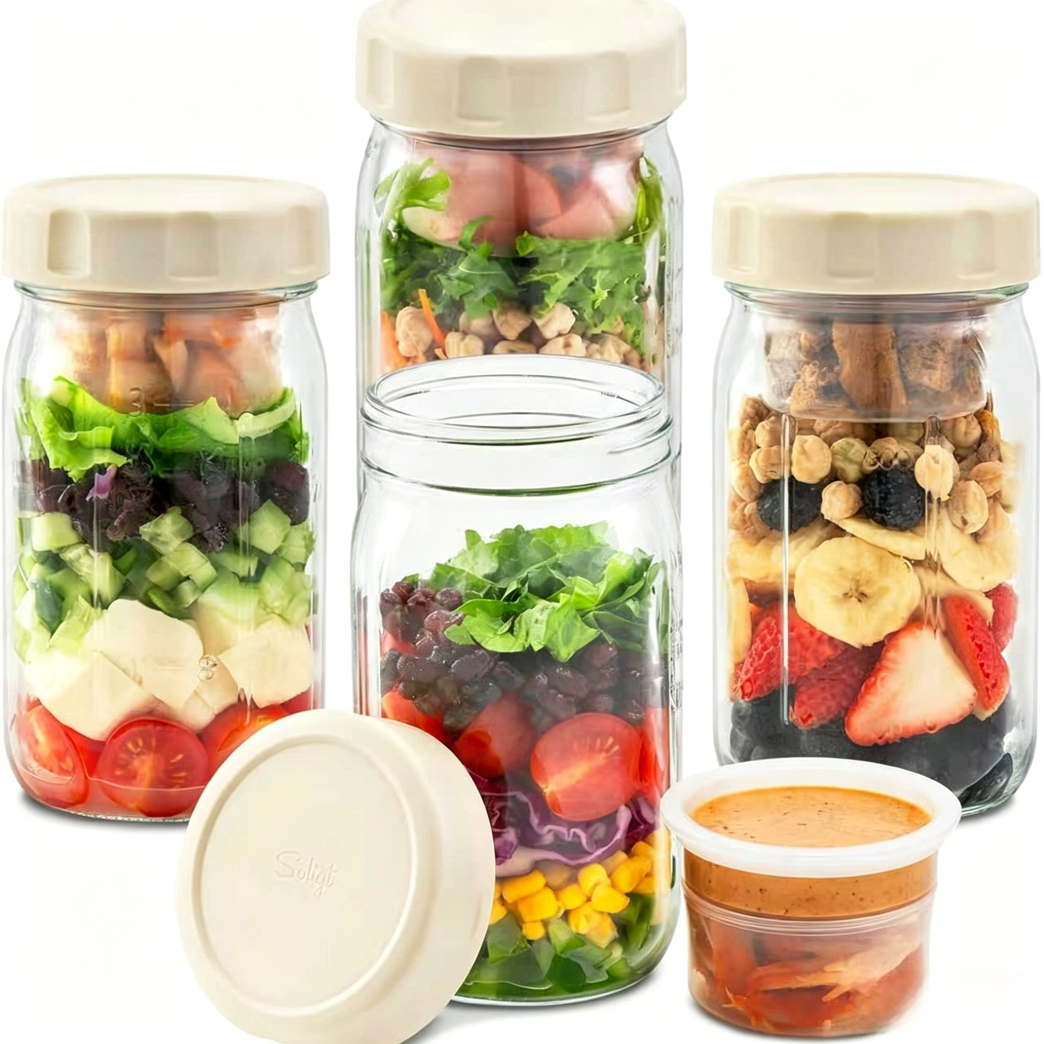 Overnight Oats Gläser Set mit Deckel & Soßenbehälter – Meal Prep Salatglas für Unterwegs & Büro