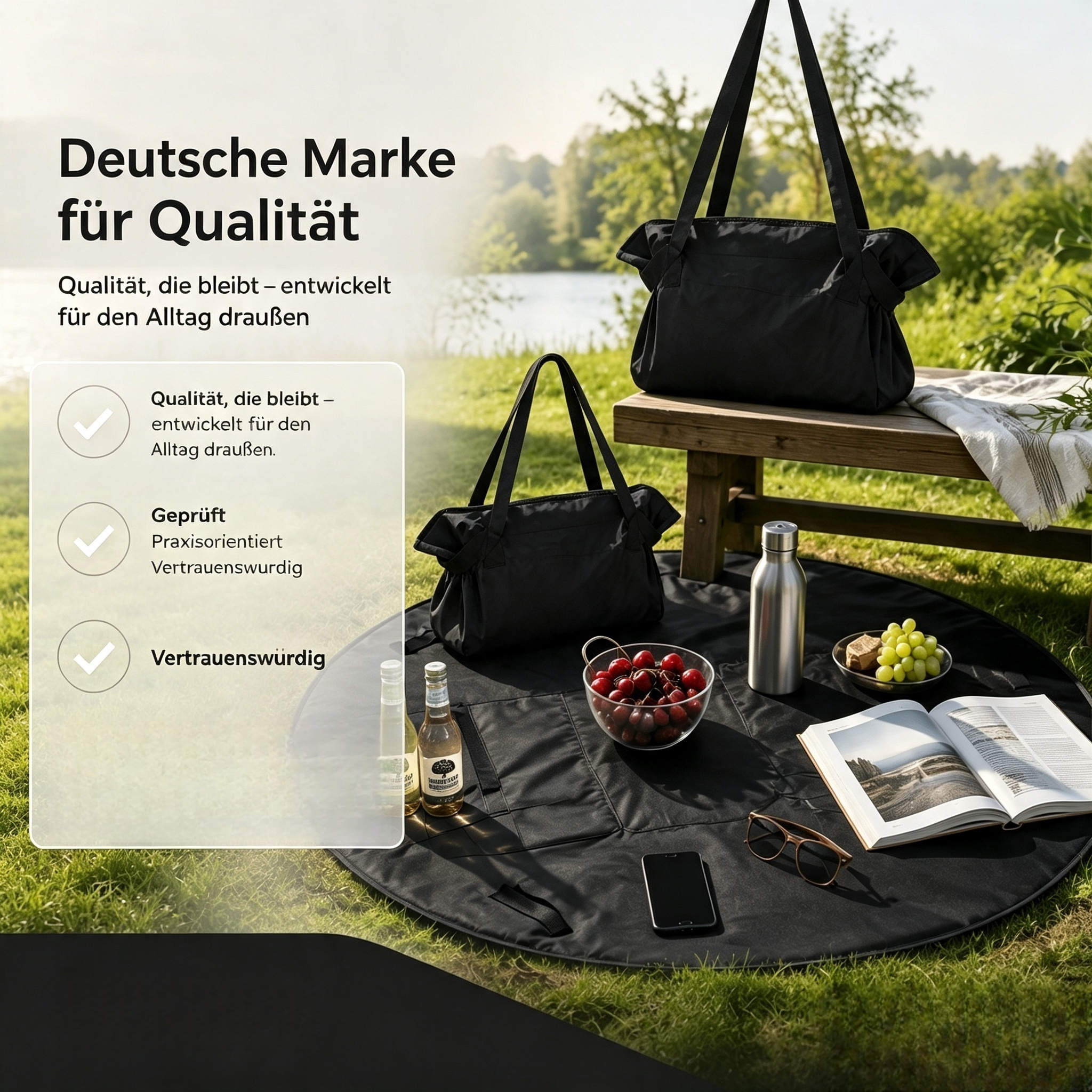 2-in-1 Picknickdecke & Tragetasche – Wasserabweisende Faltbare Stranddecke mit Integrierten Fächern