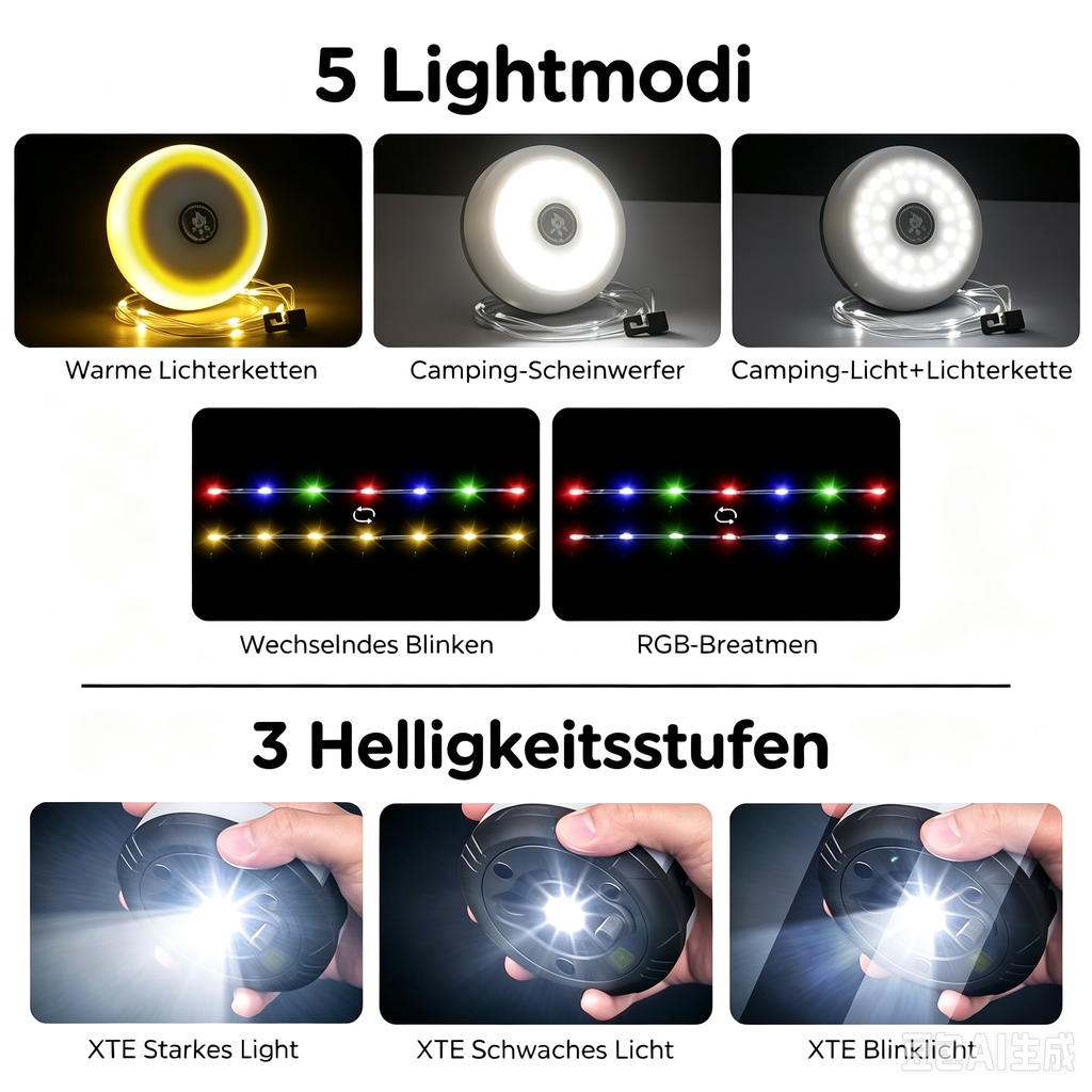 10m LED Campinglampe mit Lichterkette – Wiederaufladbare Outdoor Zeltlampe mit Handkurbel-Einzug – 5 Lichtmodi, RGB Atmosphere & IPX4 Wasserdicht für Camping, Garten, Balkon & Notfall