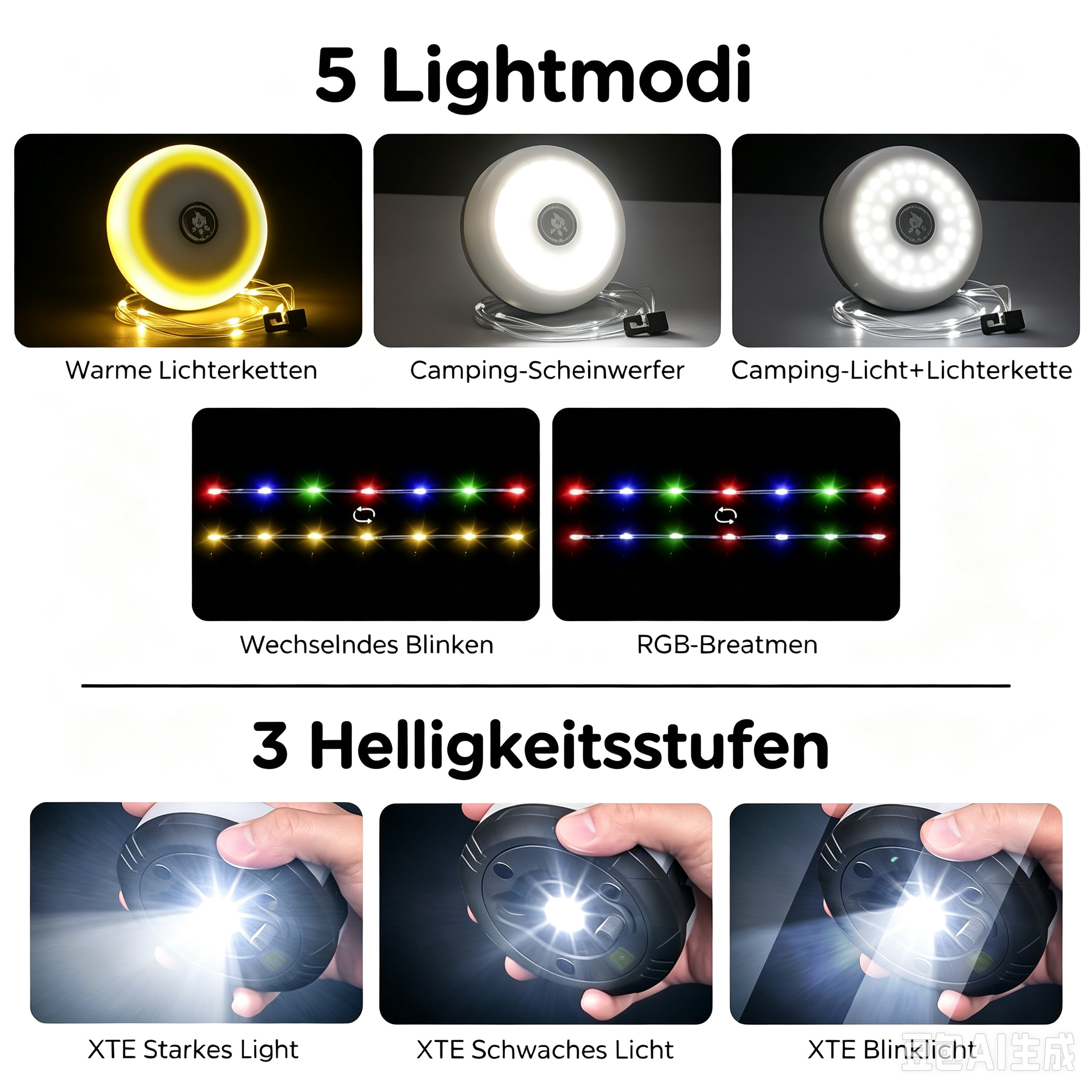10m LED Campinglampe mit Lichterkette – Wiederaufladbare Outdoor Zeltlampe mit Handkurbel-Einzug – 5 Lichtmodi, RGB Atmosphere & IPX4 Wasserdicht für Camping, Garten, Balkon & Notfall
