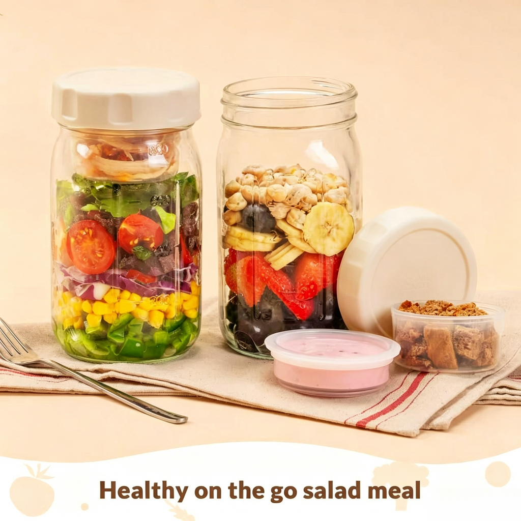 Overnight Oats Gläser Set mit Deckel & Soßenbehälter – Meal Prep Salatglas für Unterwegs & Büro