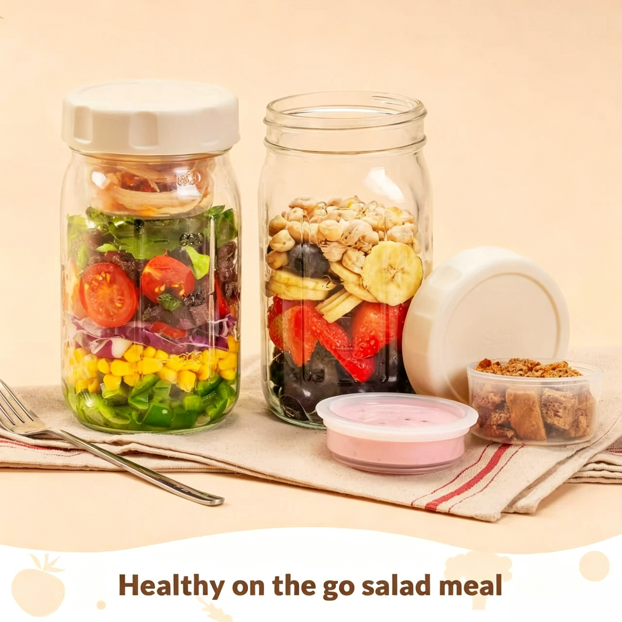 Overnight Oats Gläser Set mit Deckel & Soßenbehälter – Meal Prep Salatglas für Unterwegs & Büro