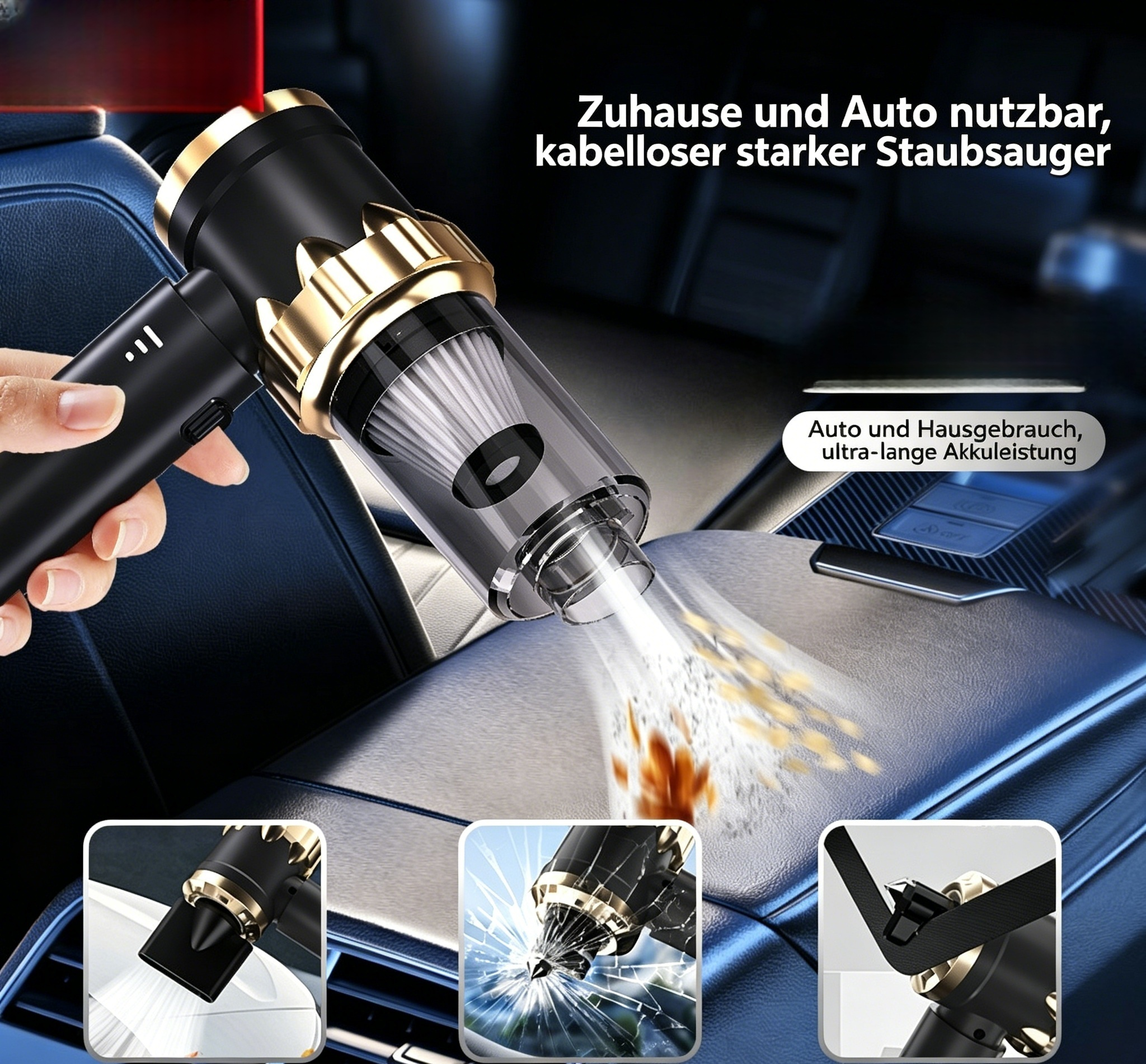 4-in-1 Akku-Autostaubsauger bürstenlos: Kabelloser Handstaubsauger mit Blasfunktion & Notfallhammer