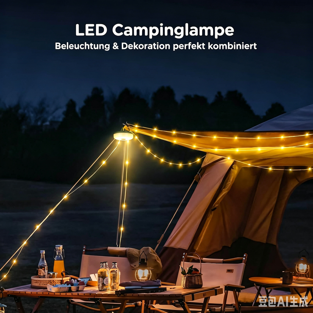 10m LED Campinglampe mit Lichterkette – Wiederaufladbare Outdoor Zeltlampe mit Handkurbel-Einzug – 5 Lichtmodi, RGB Atmosphere & IPX4 Wasserdicht für Camping, Garten, Balkon & Notfall