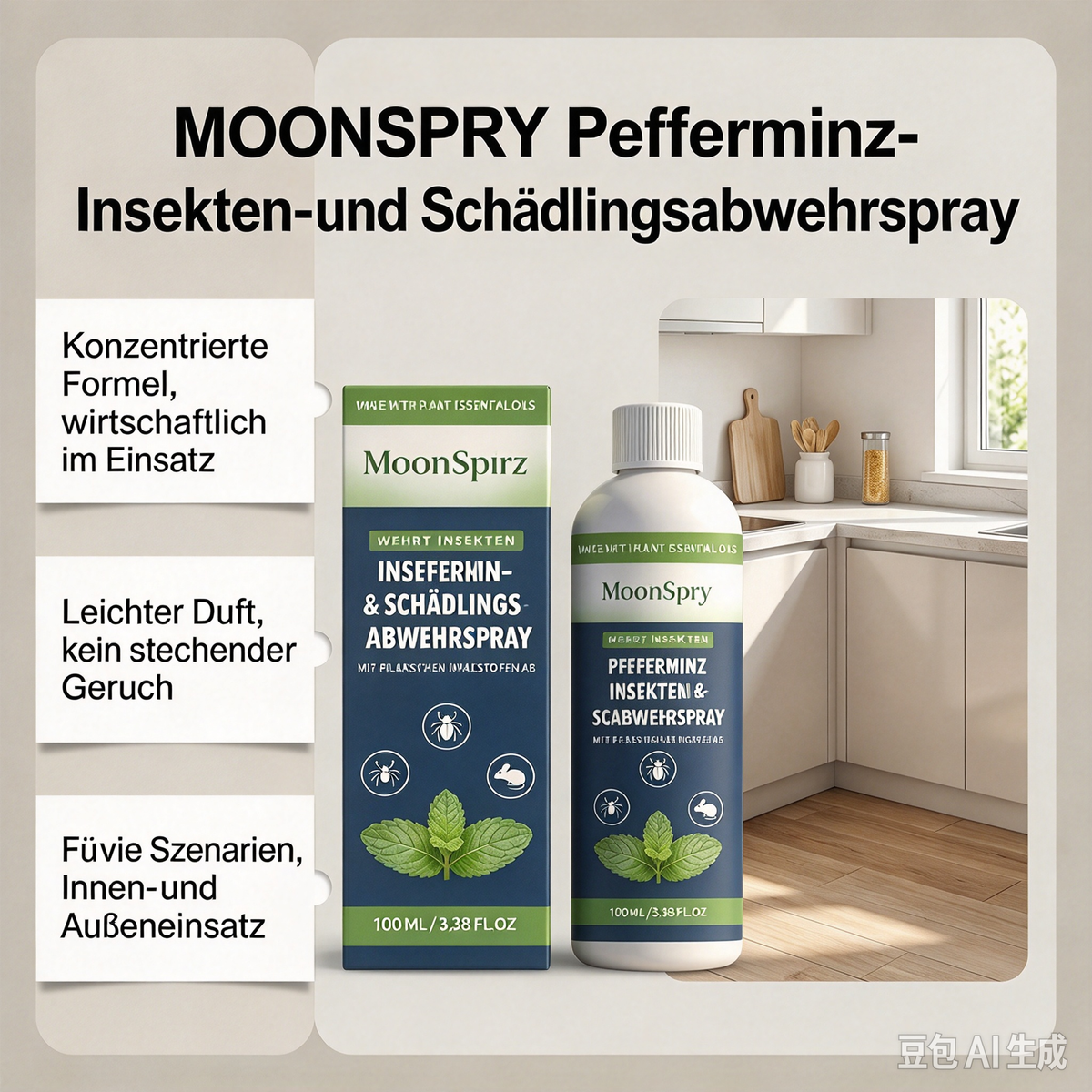 MoonSpry Pfefferminz Insekten- & Schädlingsabwehrspray (100ml) – Natürliches Fischchen Spray mit Ätherischen Ölen, Konzentrierte Formel gegen Ungeziefer für Innen & Außen