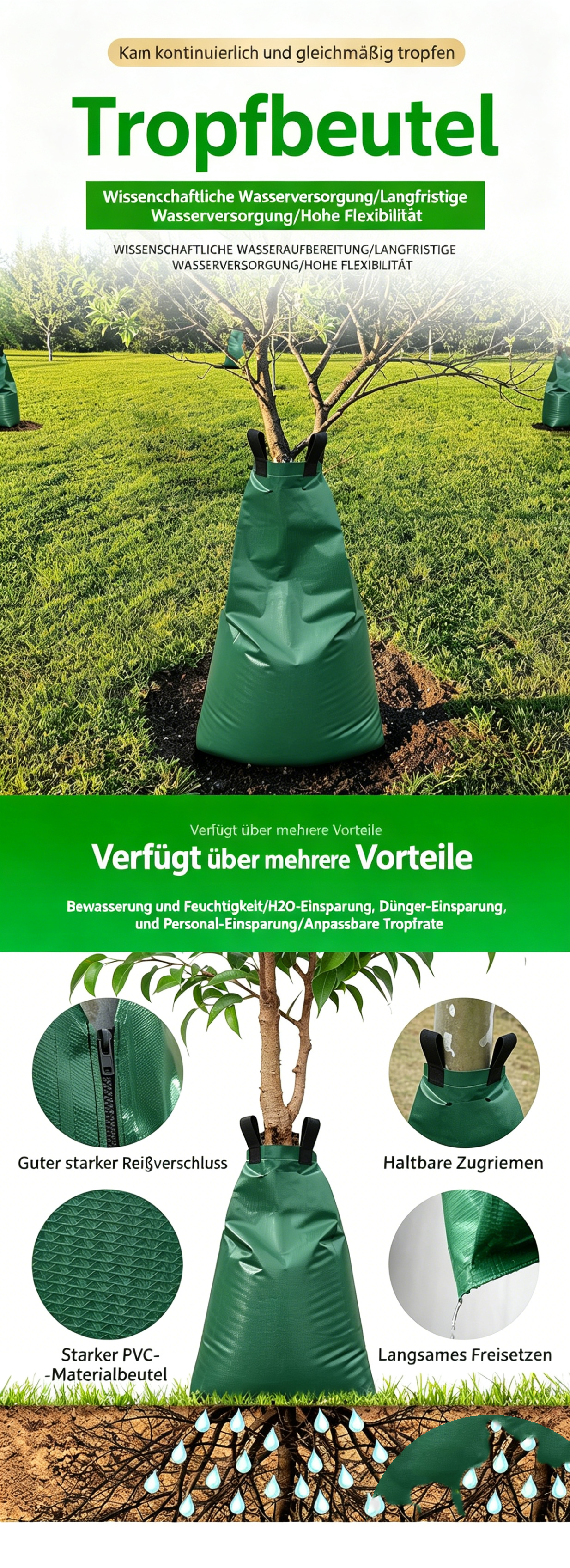 Baumbewässerungssack 75L (20 Gallonen): Reißverschluss Bewässerungsbeutel für effiziente Tröpfchenbewässerung