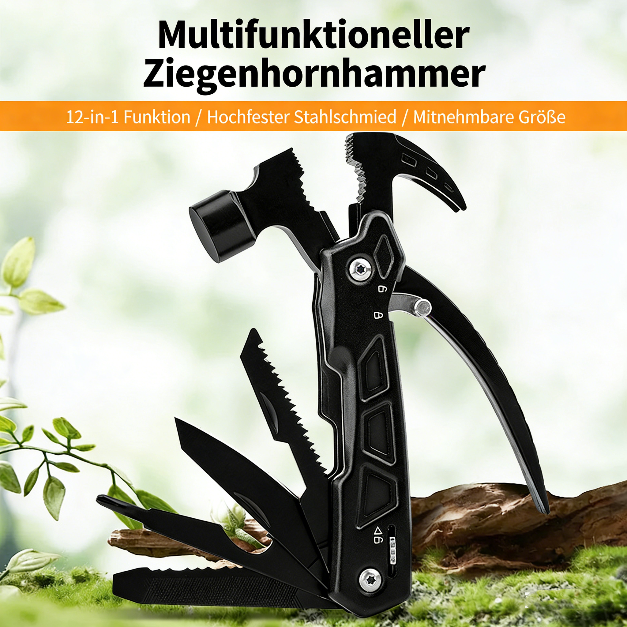 12-in-1 Multifunktionshammer für Camping & Outdoor – Robuster Klauenhammer mit Axt & Drahtschneider – Kompakter Zelthammer für Heringe – Survival Gear für Wandern