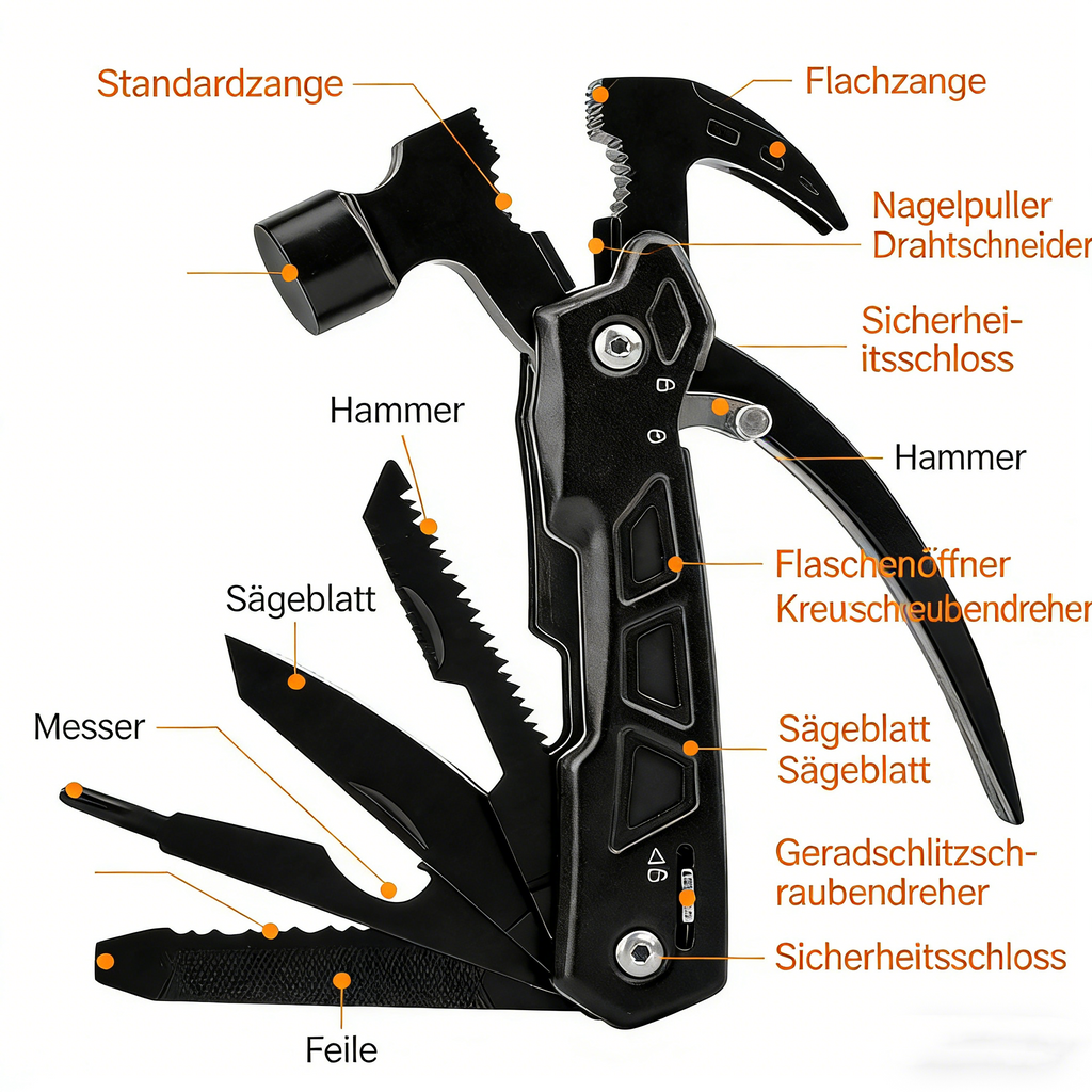 12-in-1 Multifunktionshammer für Camping & Outdoor – Robuster Klauenhammer mit Axt & Drahtschneider – Kompakter Zelthammer für Heringe – Survival Gear für Wandern
