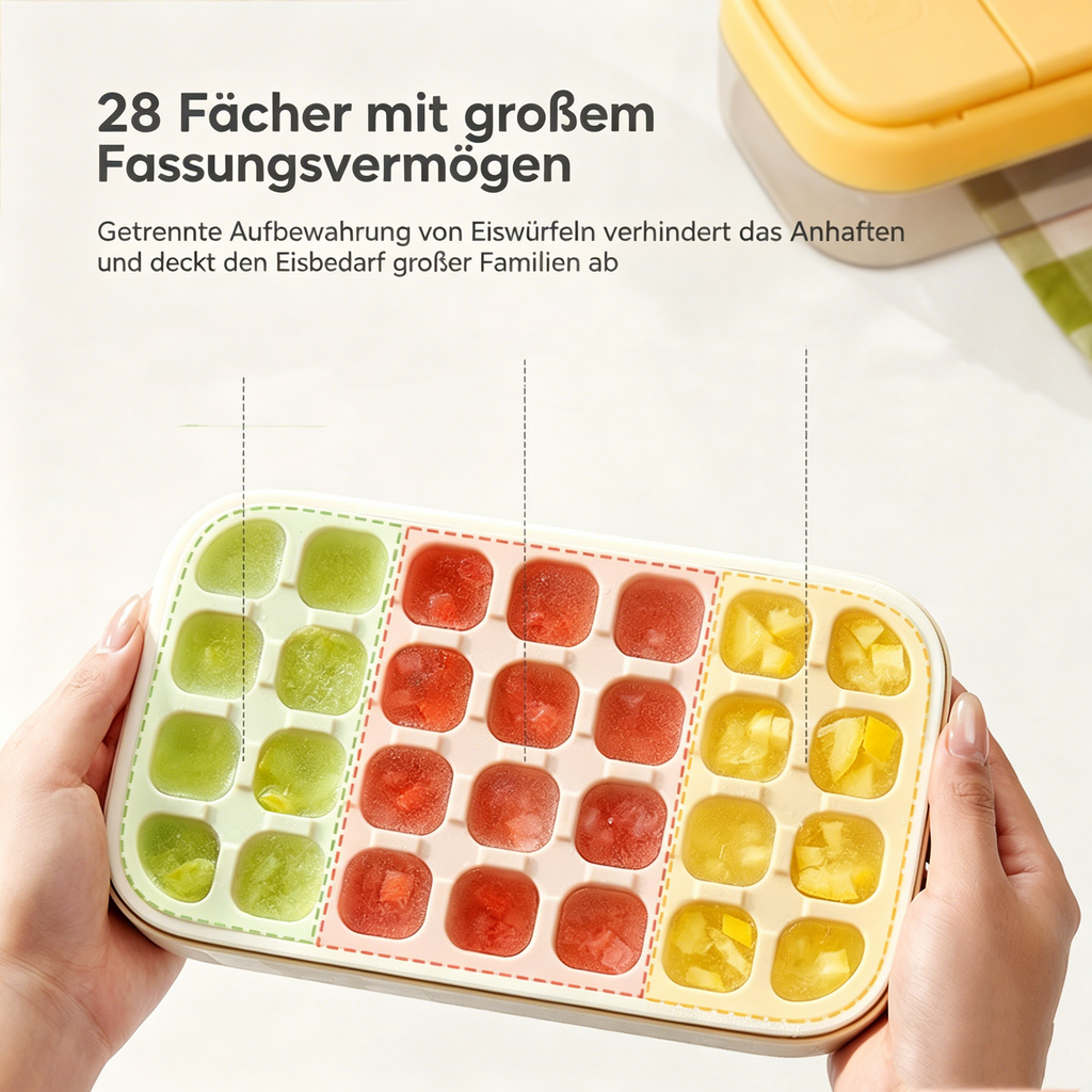 Eiswürfelform mit Behälter & Deckel: Innovative Eiswürfelbereiter mit Druckknopf für einfaches Entnehmen