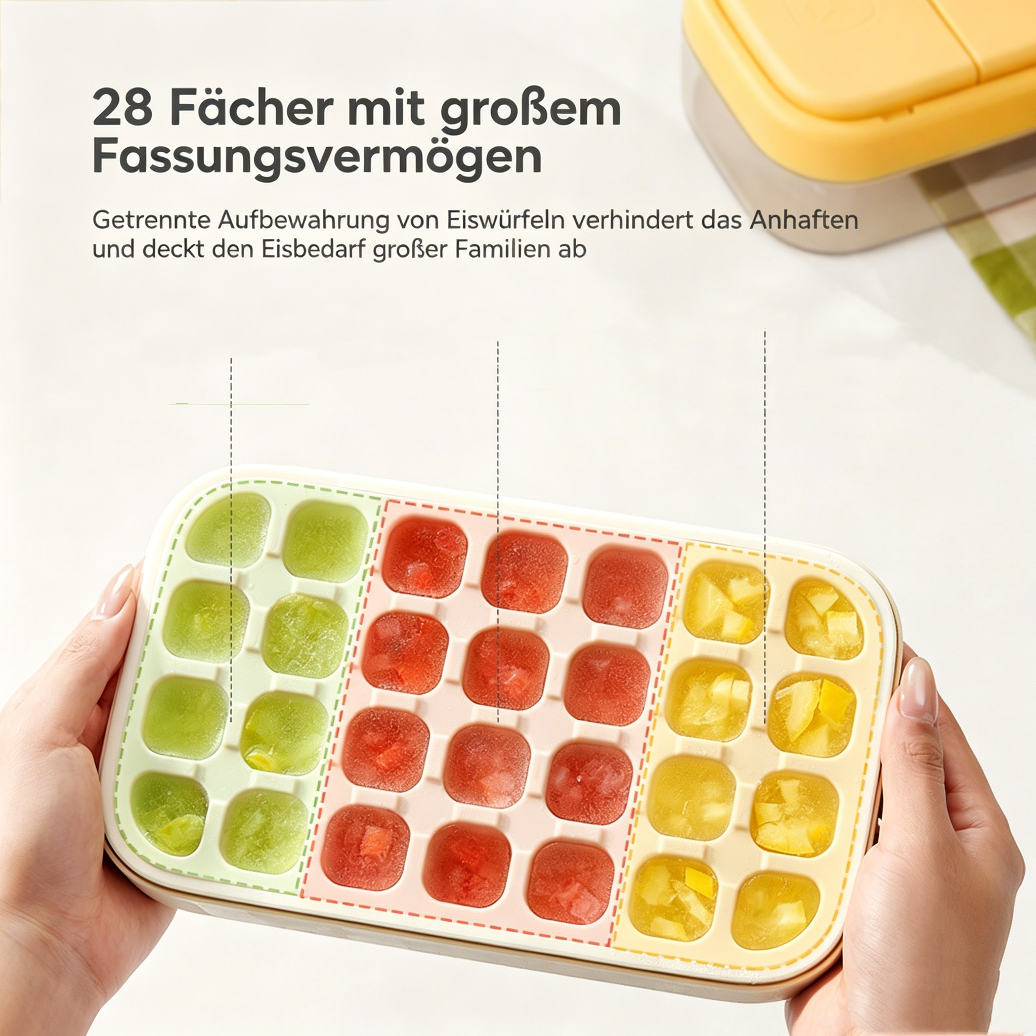 Eiswürfelform mit Behälter & Deckel: Innovative Eiswürfelbereiter mit Druckknopf für einfaches Entnehmen