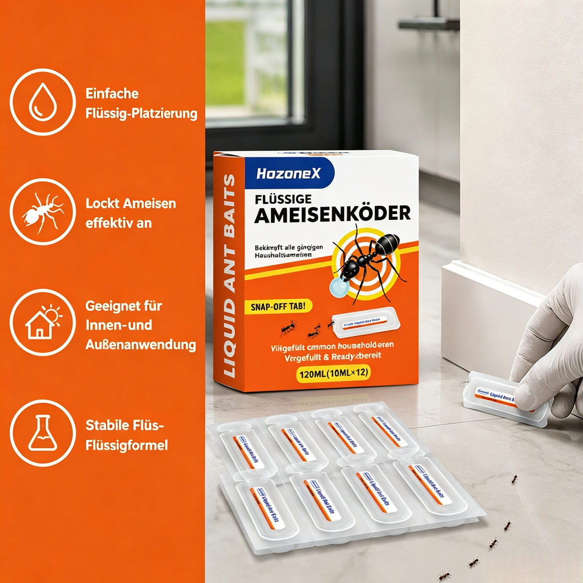 12-teiliges Set Menge Flüssige Ameisenköder Set (12x10ml) – Vorbefüllte Ameisenköderstationen mit Abbrechbarer Lasche, Schnelle Lockwirkung gegen alle gängigen Haushaltsameisen für Innen & Außen