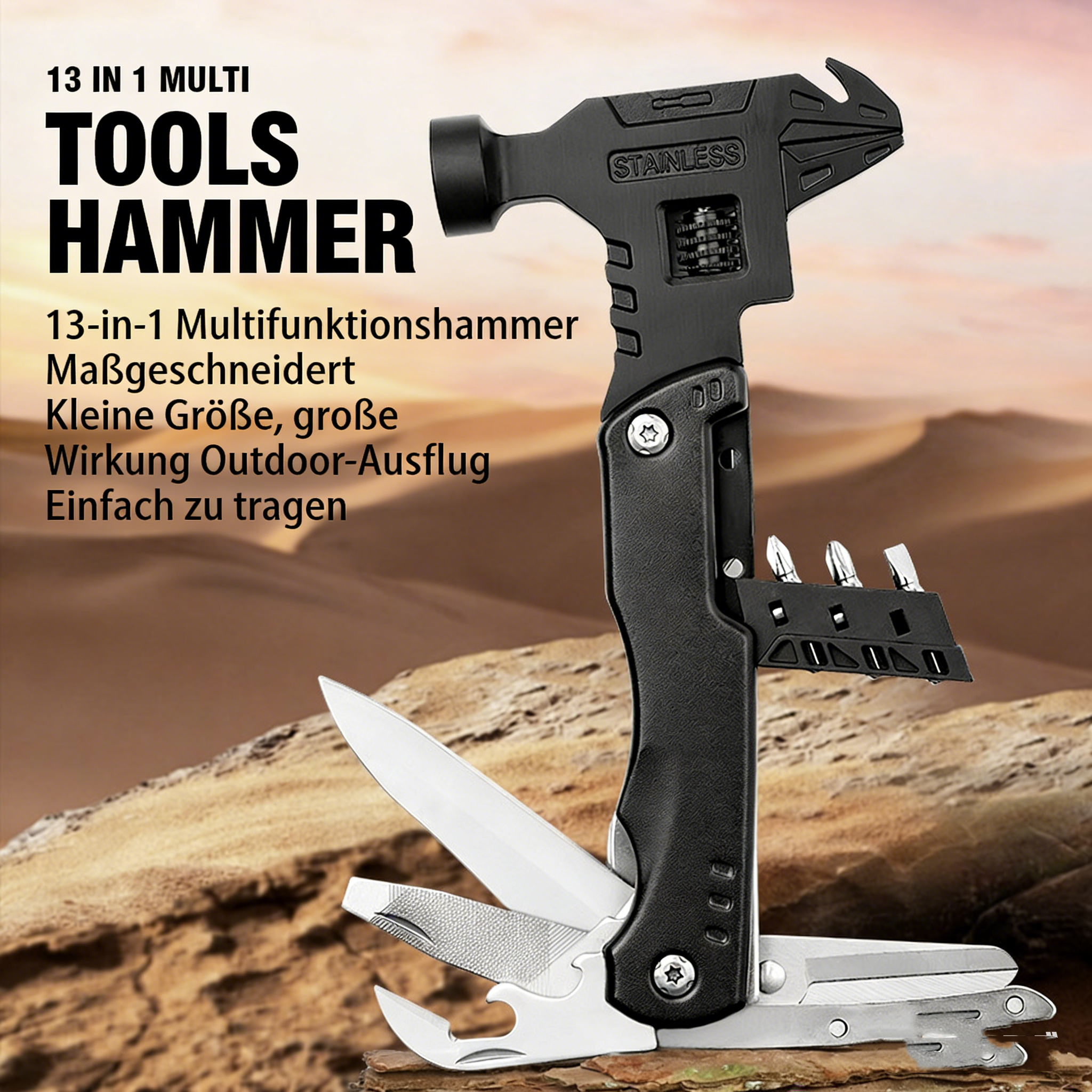 13-in-1 Multifunktionshammer aus Edelstahl – Klappbares Multitool mit Messer & Säge – Robustes Outdoor-Werkzeug für Camping & Survival – Kompaktes Taschenwerkzeug