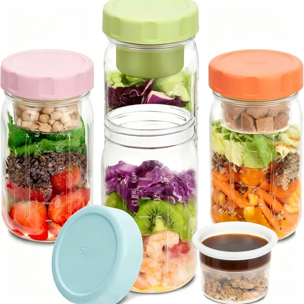Overnight Oats Gläser Set mit Deckel & Soßenbehälter – Meal Prep Salatglas für Unterwegs & Büro