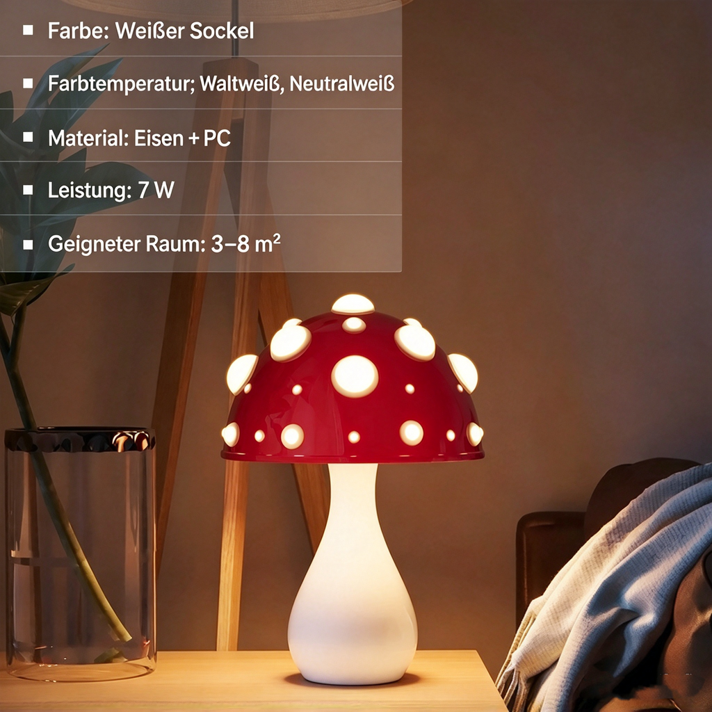 Designer Fliegenpilz LED Tischlampe – Kreative Retro Pilzlampe aus Eisen & PC, Dimmbare Nachttischlampe für Schlafzimmer, Wohnzimmer & Kinderzimmer
