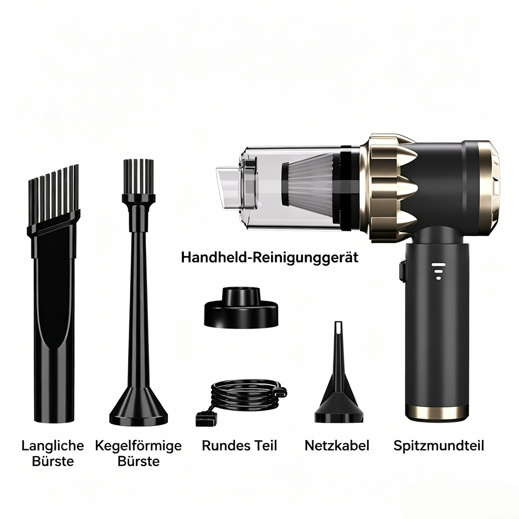 4-in-1 Akku-Autostaubsauger bürstenlos: Kabelloser Handstaubsauger mit Blasfunktion & Notfallhammer