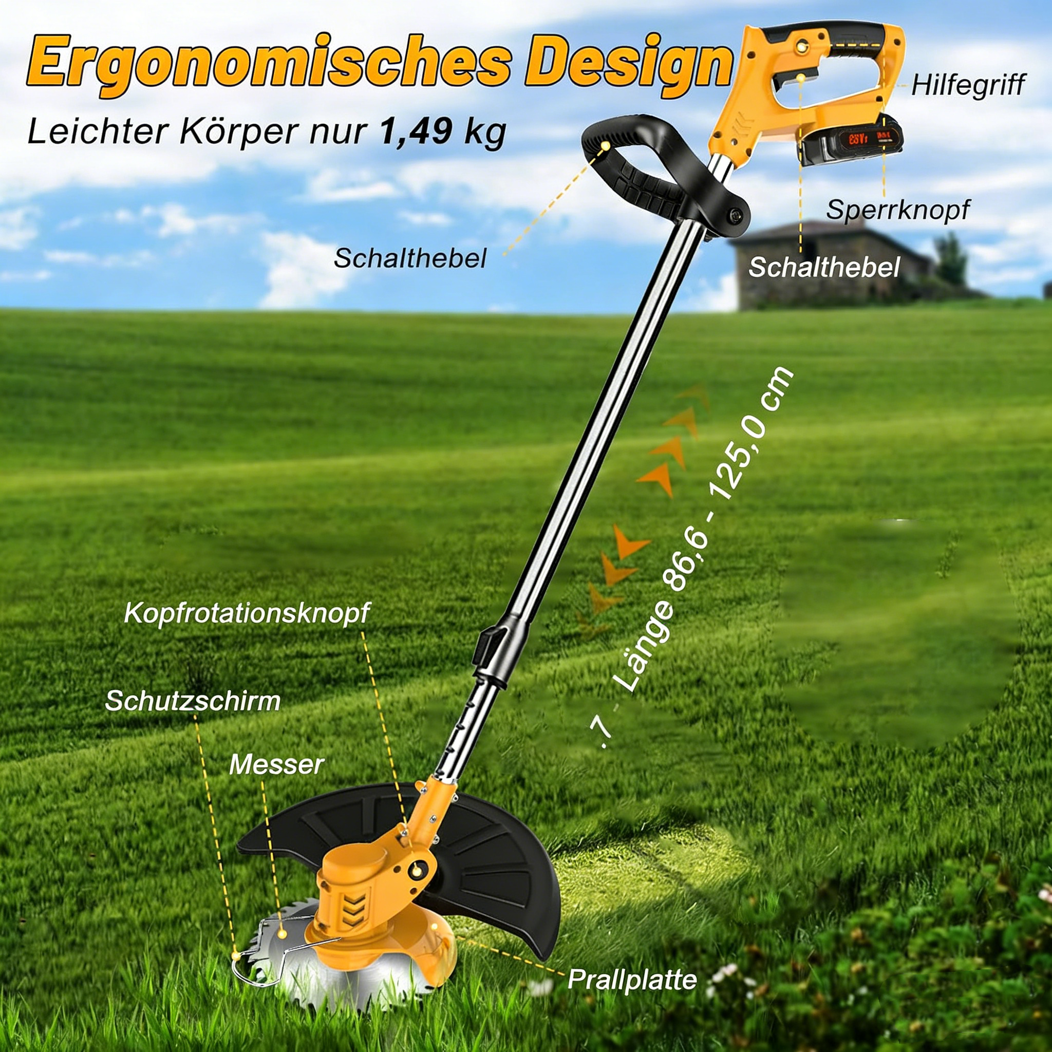 Gelber Akku-Rasentrimmer – Kompakter Elektro-Freischneider für den Hausgarten
