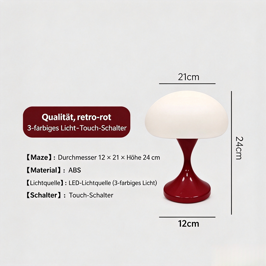 Retro LED Pilz Tischlampe mit Touch-Schalter – Modernes Nachtlicht mit 3-farbigem Licht, Stilvolle Nachttischlampe aus ABS für Schlafzimmer & Wohnzimmer