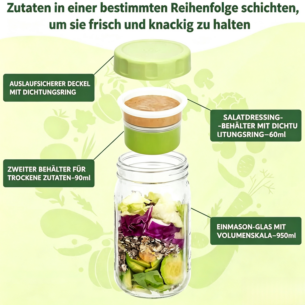 Overnight Oats Gläser Set mit Deckel & Soßenbehälter – Meal Prep Salatglas für Unterwegs & Büro