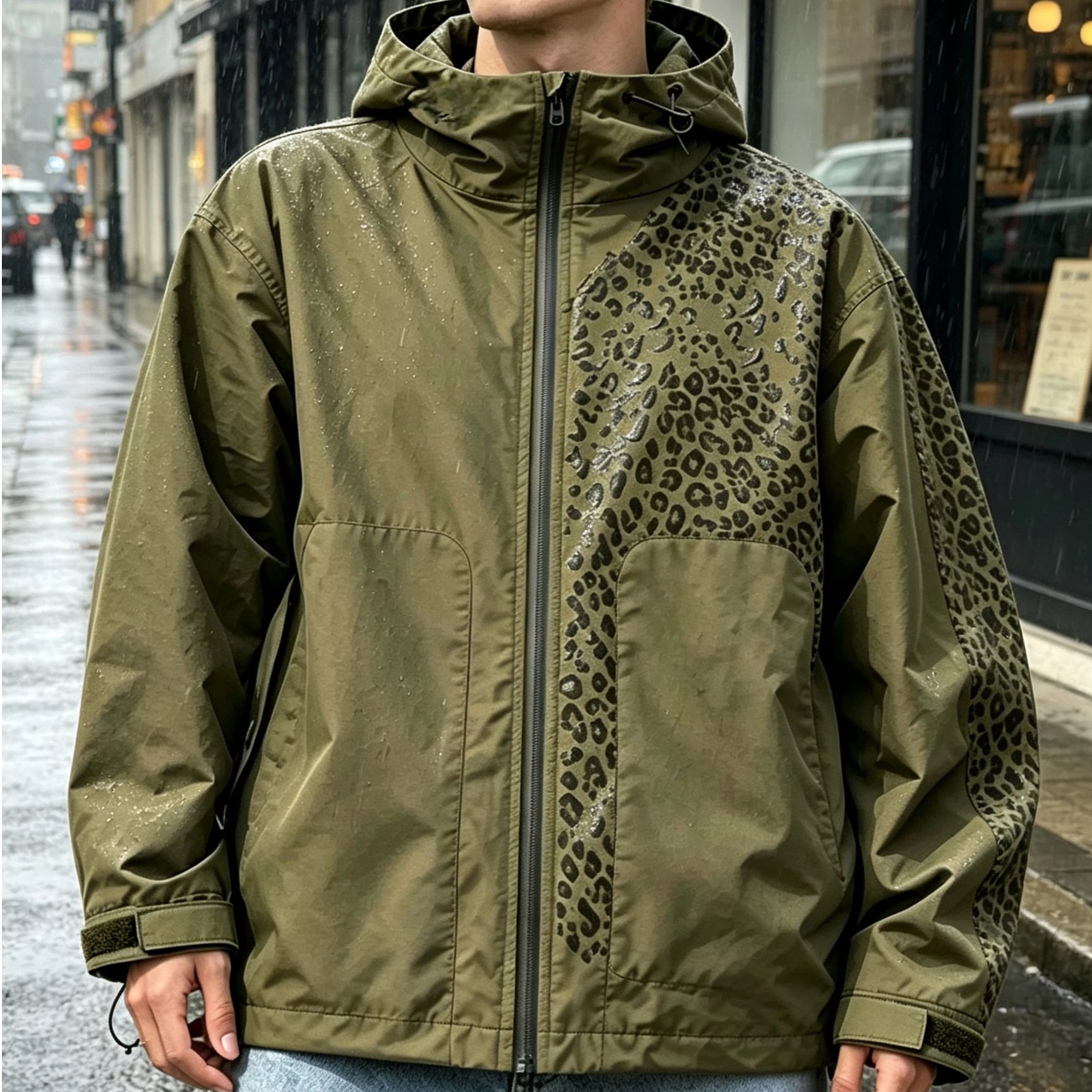 S-5XL Damen & Herren Übergangsjacke mit Kapuze – Wasserabweisende Windjacke mit Magischem Leopard-Effekt bei Nässe – Funktionsjacke für Outdoor & Urban Style