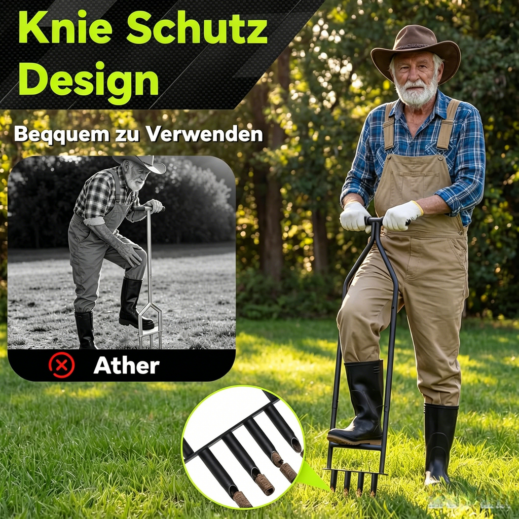 Ergonomischer Rasenlüfter mit Knieschutz: Manueller Aerifizierer für Tiefenbelüftung & Rasenpflege