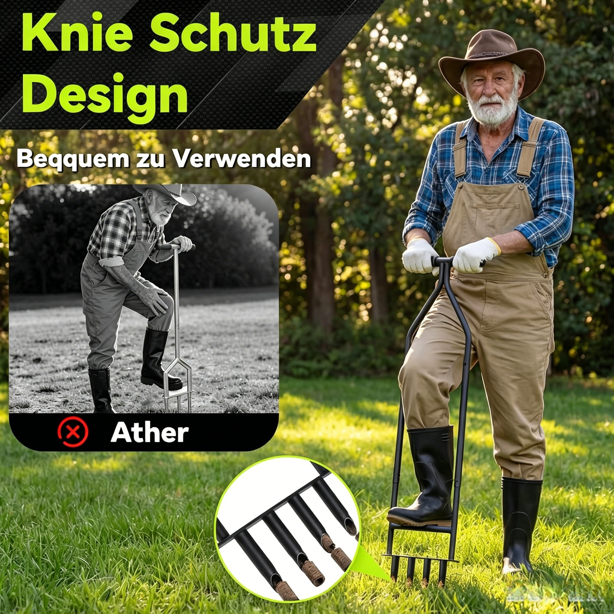 Ergonomischer Rasenlüfter mit Knieschutz: Manueller Aerifizierer für Tiefenbelüftung & Rasenpflege