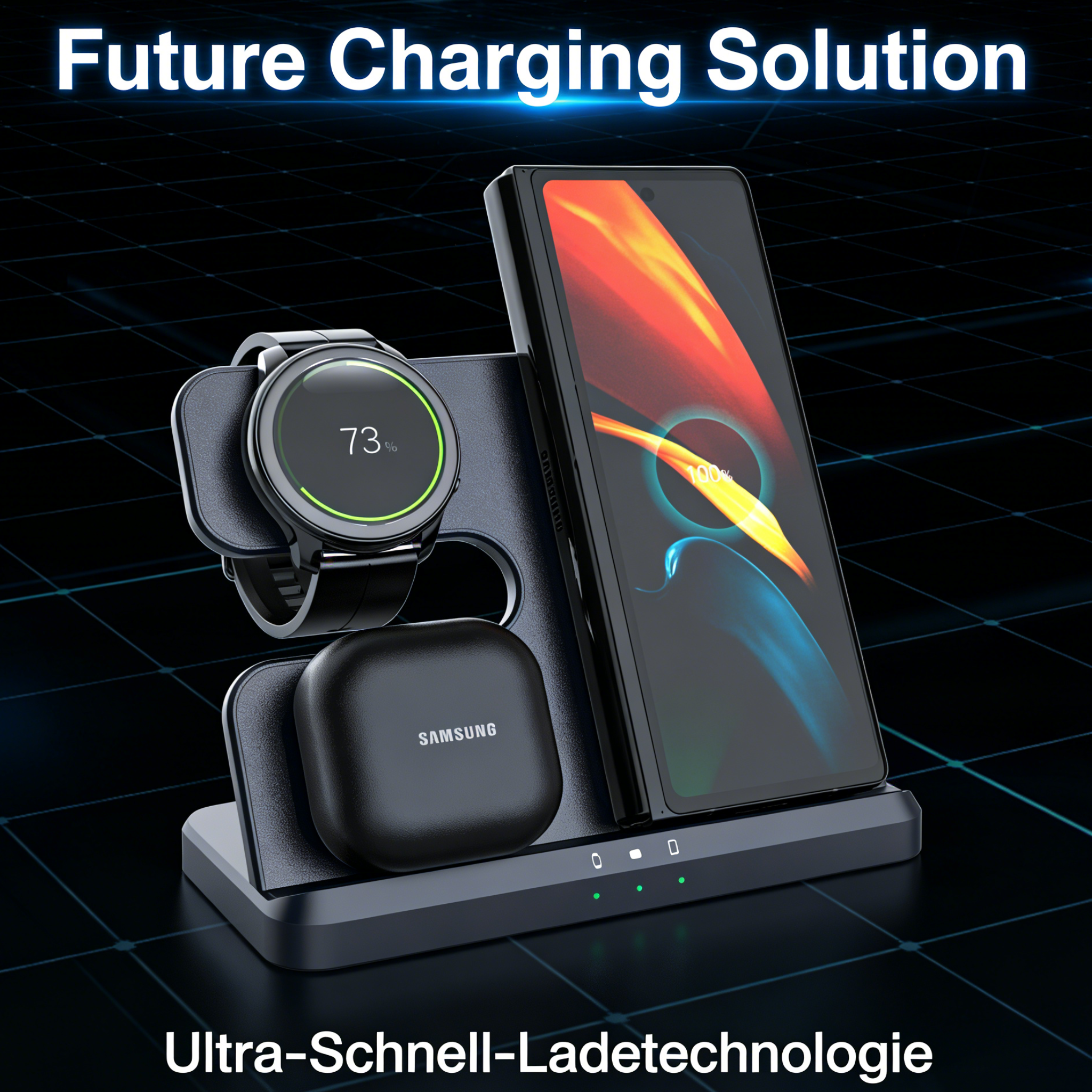 15W 3-in-1 Wireless Charger Stand – Kabellose Schnellladestation für Smartphone, Smartwatch & Kopfhörer, Vertikale Tisch-Ladestation