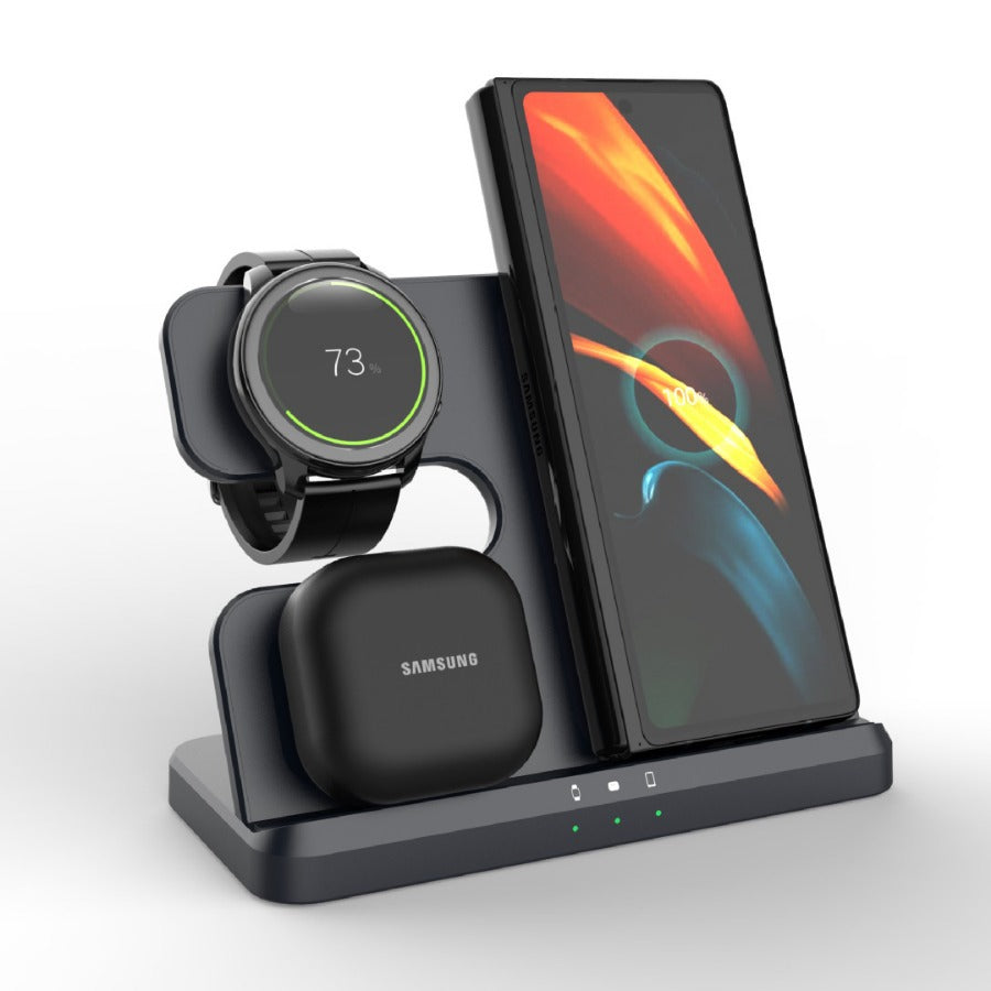 15W 3-in-1 Wireless Charger Stand – Kabellose Schnellladestation für Smartphone, Smartwatch & Kopfhörer, Vertikale Tisch-Ladestation