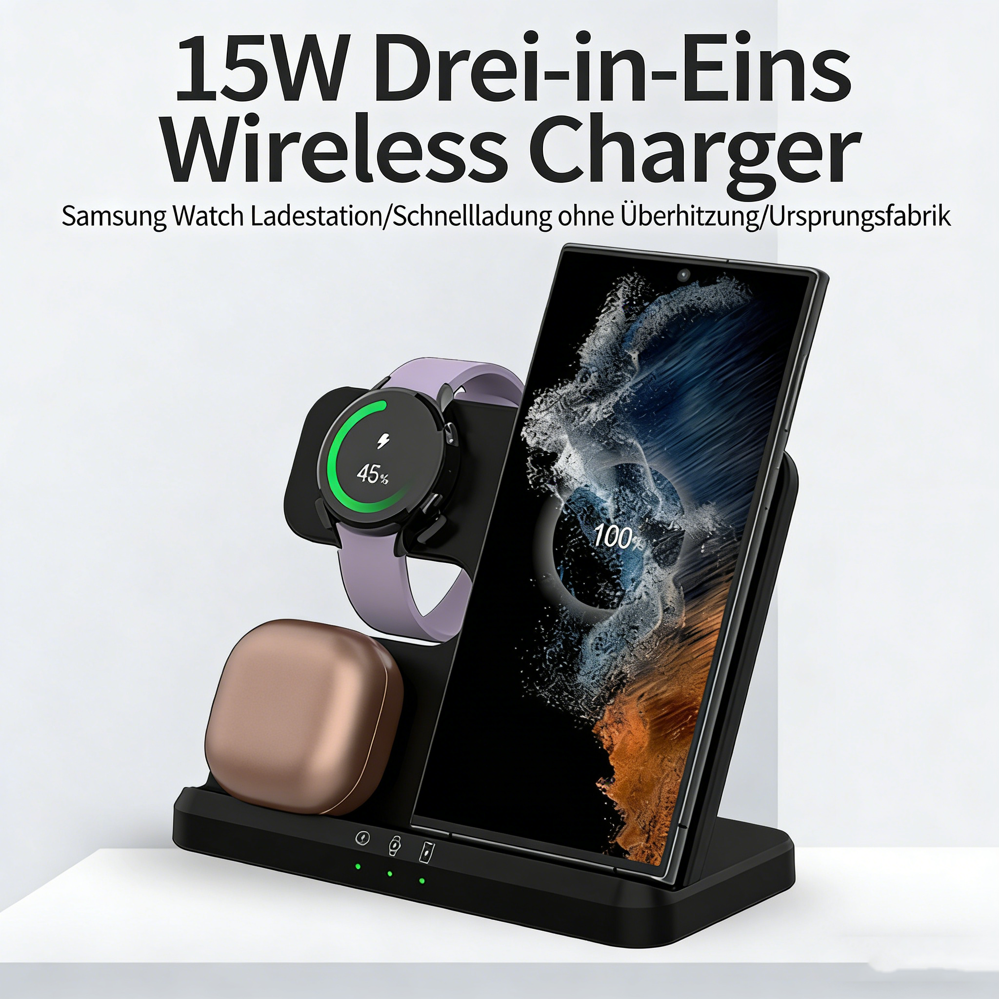 15W 3-in-1 Wireless Charger Stand – Kabellose Schnellladestation für Smartphone, Smartwatch & Kopfhörer, Vertikale Tisch-Ladestation