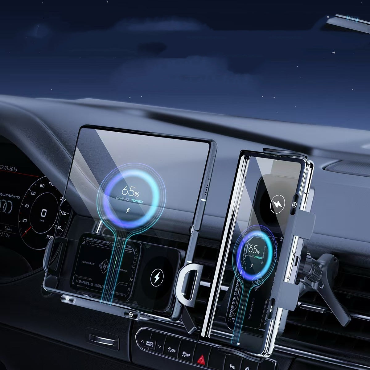 15W Induktive KFZ-Halterung für Samsung Galaxy Z Fold 6/5/4 – Kabelloses Schnellladegerät für Faltbare Smartphones – Automatische Klemmung – Schwarz