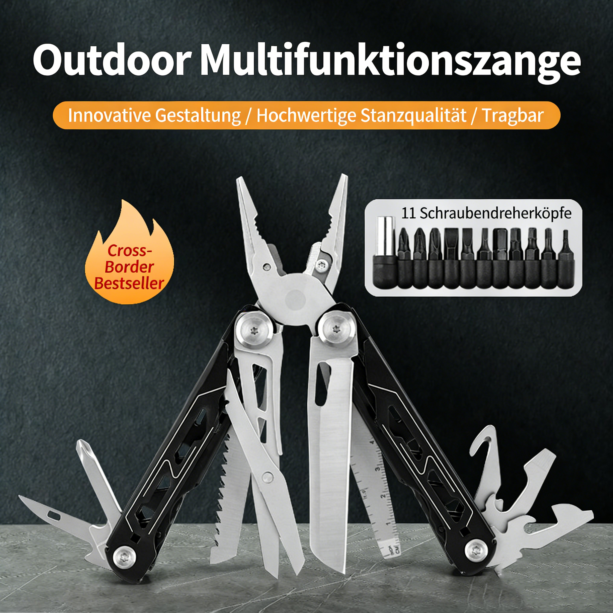 16-in-1 Multitool aus Edelstahl – Klappbare Multifunktionszange für Camping & Outdoor – Robustes EDC Taschenwerkzeug mit Drahtschneider & Säge – Profi Survival Ausrüstung