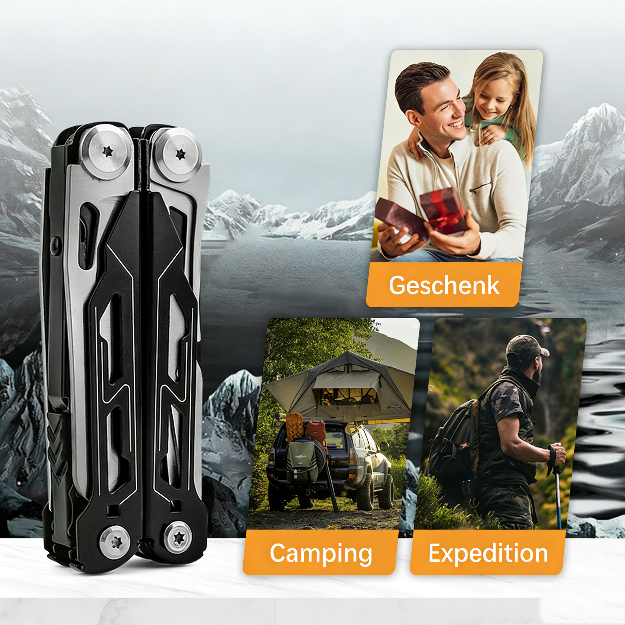 16-in-1 Multitool aus Edelstahl – Klappbare Multifunktionszange für Camping & Outdoor – Robustes EDC Taschenwerkzeug mit Drahtschneider & Säge – Profi Survival Ausrüstung