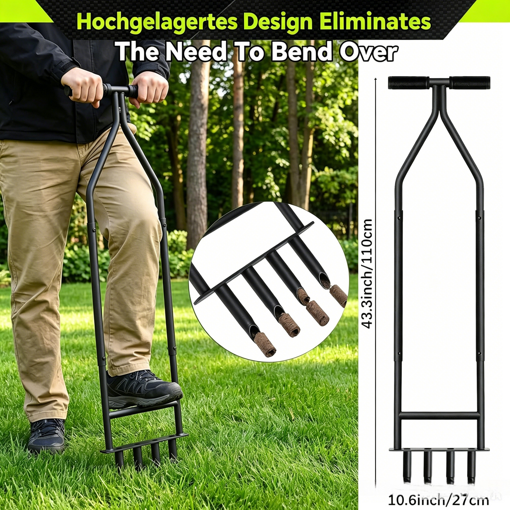 Ergonomischer Rasenlüfter mit Knieschutz: Manueller Aerifizierer für Tiefenbelüftung & Rasenpflege