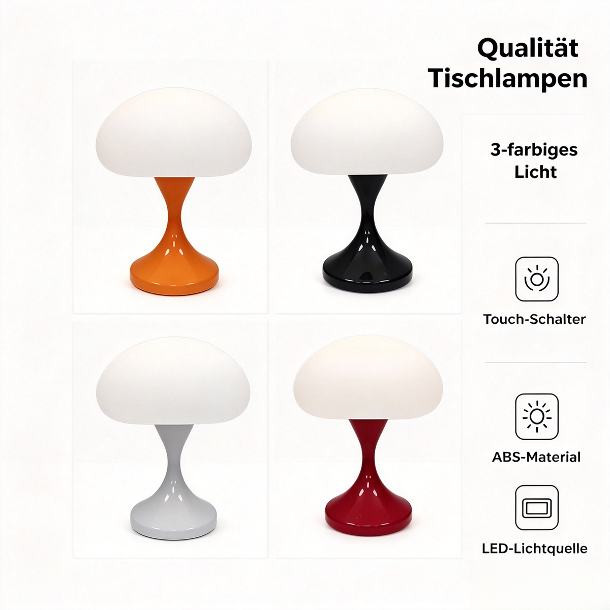 Retro LED Pilz Tischlampe mit Touch-Schalter – Modernes Nachtlicht mit 3-farbigem Licht, Stilvolle Nachttischlampe aus ABS für Schlafzimmer & Wohnzimmer