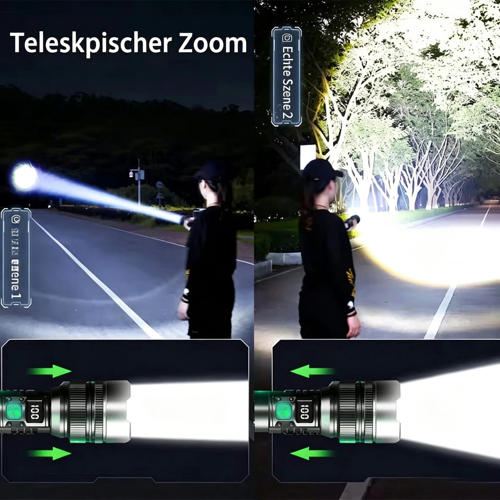 Extrem Helle LED Taschenlampe mit Teleskop-Zoom – Aufladbar via USB, mit LCD-Digitalanzeige – Wasserdichte Taktische Outdoor Taschenlampe für Camping, Wandern & Notfall