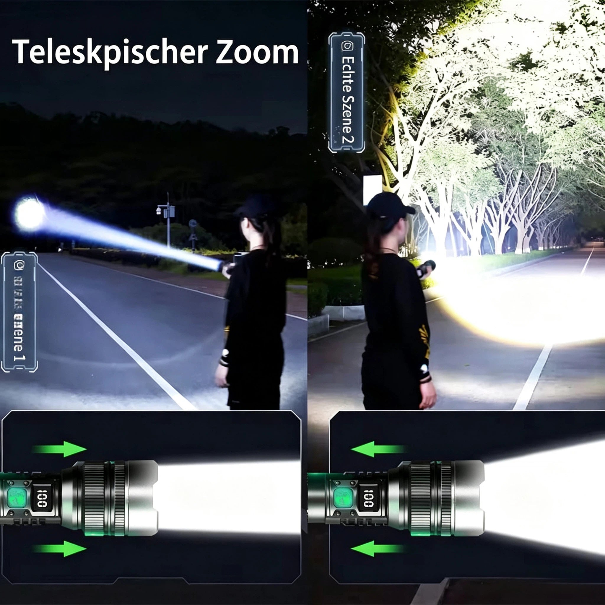 Extrem Helle LED Taschenlampe mit Teleskop-Zoom – Aufladbar via USB, mit LCD-Digitalanzeige – Wasserdichte Taktische Outdoor Taschenlampe für Camping, Wandern & Notfall