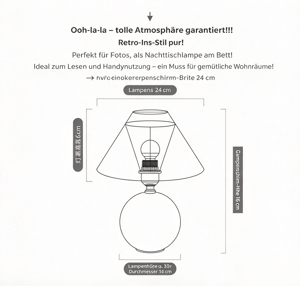 Retro-Ins Tischlampe mit Plissee-Schirm – Gemütliche Nachttischlampe im Holz-Look, Stilvolle Dekolampe für Schlafzimmer, Wohnzimmer & Foto-Kulisse