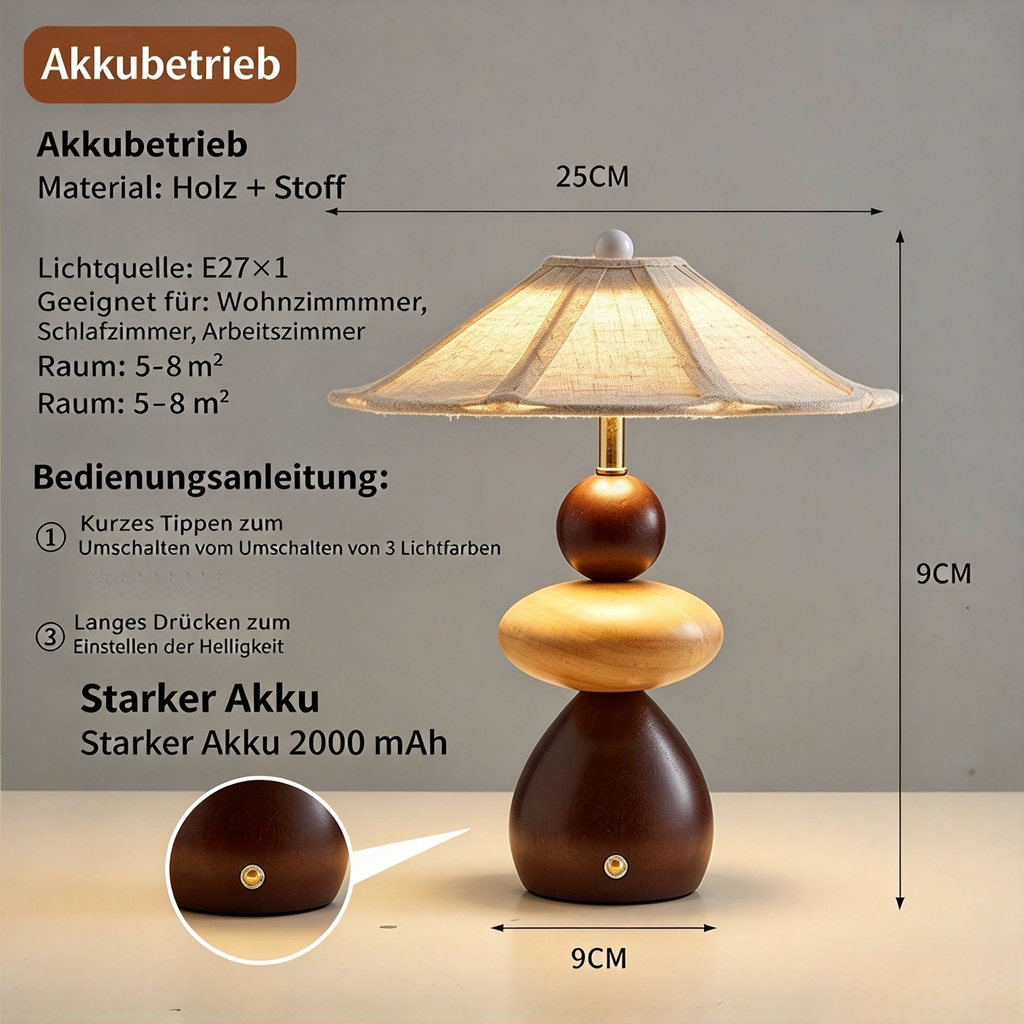 Kabellose LED Holz Tischlampe mit Akku (2000mAh) – Moderne Retro Nachttischlampe aus Massivholz & Stoff, Dimmbares Stimmungslicht mit 3 Lichtfarben für Schlafzimmer, Wohnzimmer & Büro