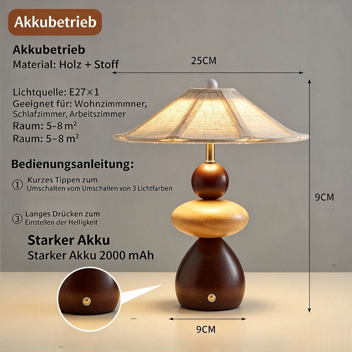 Kabellose LED Holz Tischlampe mit Akku (2000mAh) – Moderne Retro Nachttischlampe aus Massivholz & Stoff, Dimmbares Stimmungslicht mit 3 Lichtfarben für Schlafzimmer, Wohnzimmer & Büro