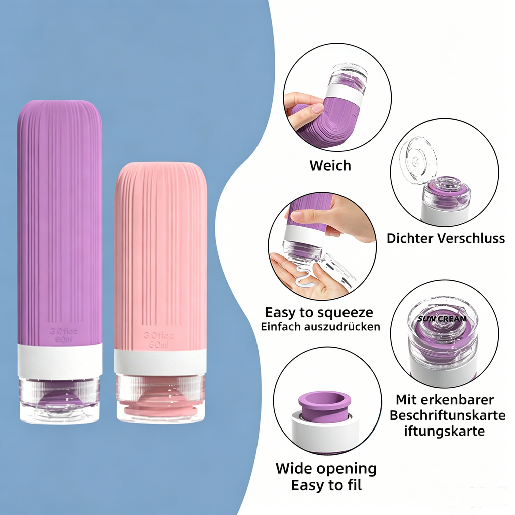 Auslaufsicheres Reiseflaschen Set aus Silikon: 4-in-1 Kosmetikbehälter für Shampoo & Duschgel