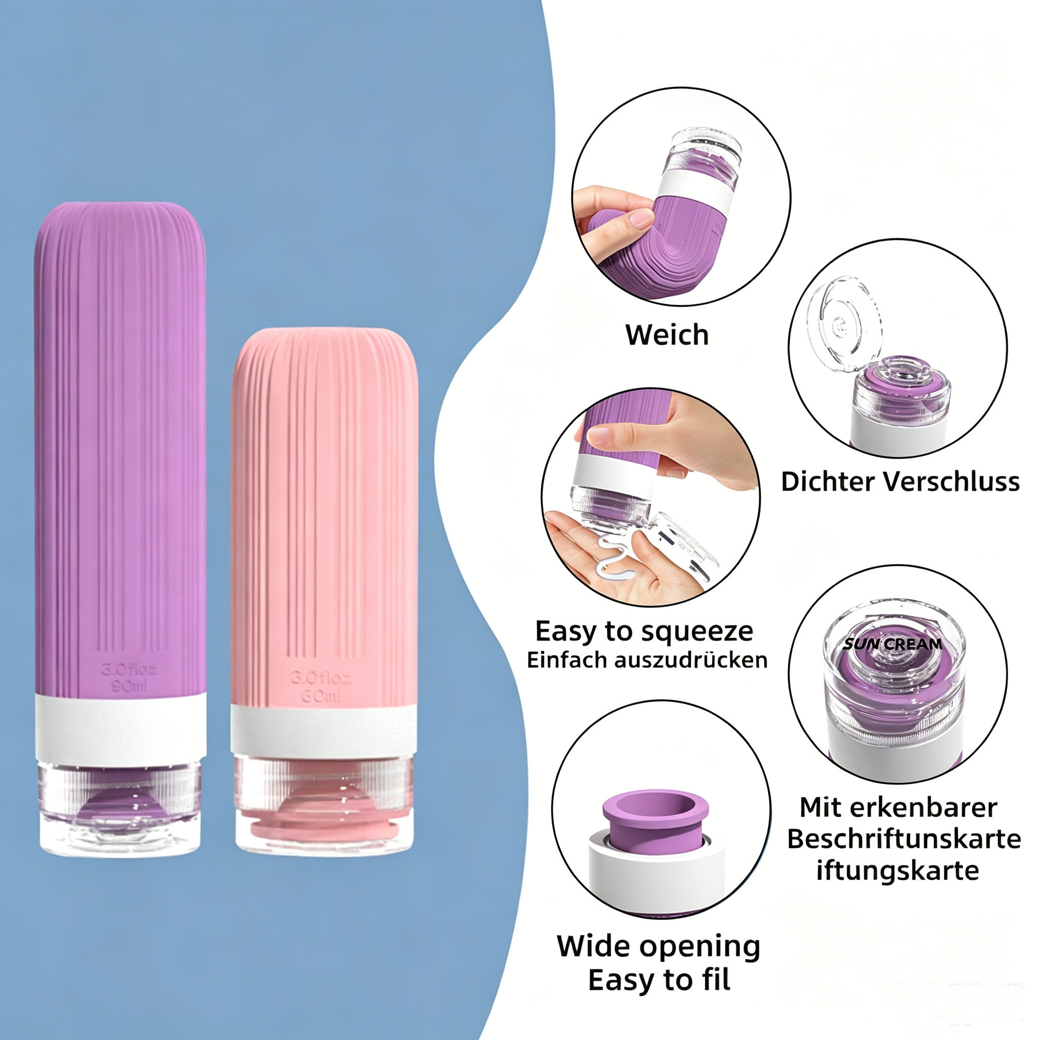 Auslaufsicheres Reiseflaschen Set aus Silikon: 4-in-1 Kosmetikbehälter für Shampoo & Duschgel