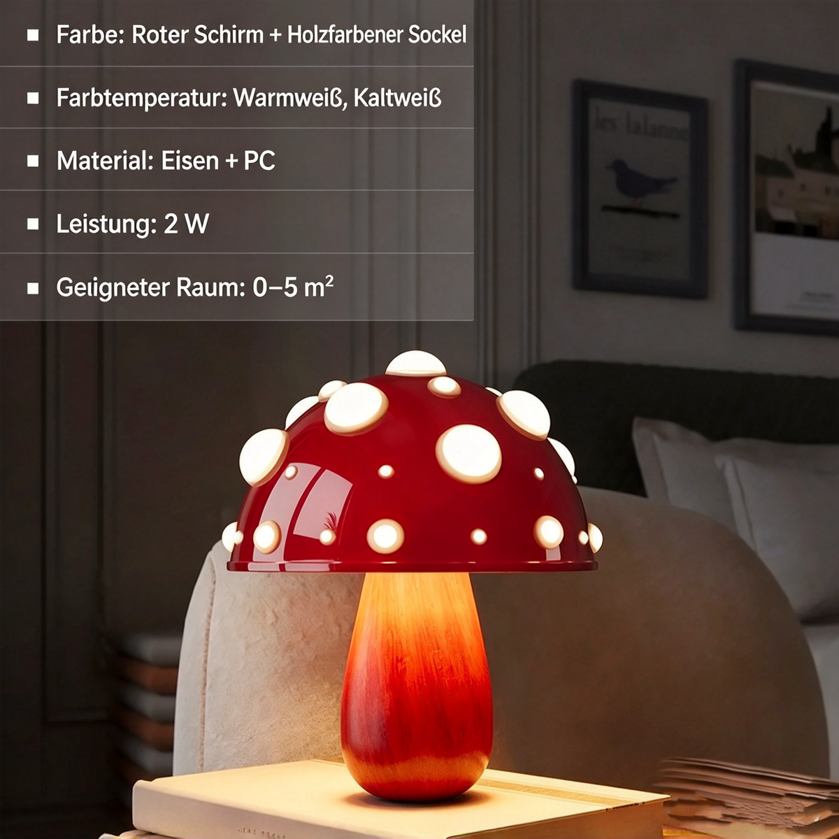 Designer Fliegenpilz LED Tischlampe – Kreative Retro Pilzlampe aus Eisen & PC, Dimmbare Nachttischlampe für Schlafzimmer, Wohnzimmer & Kinderzimmer